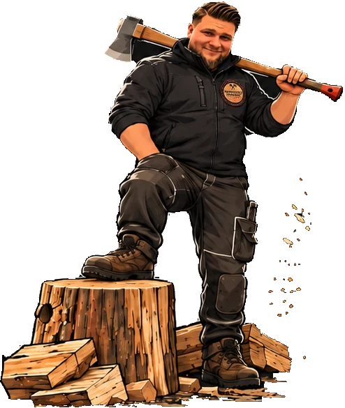 Der Holzbuddy steht mit der Axt am Hackklotz