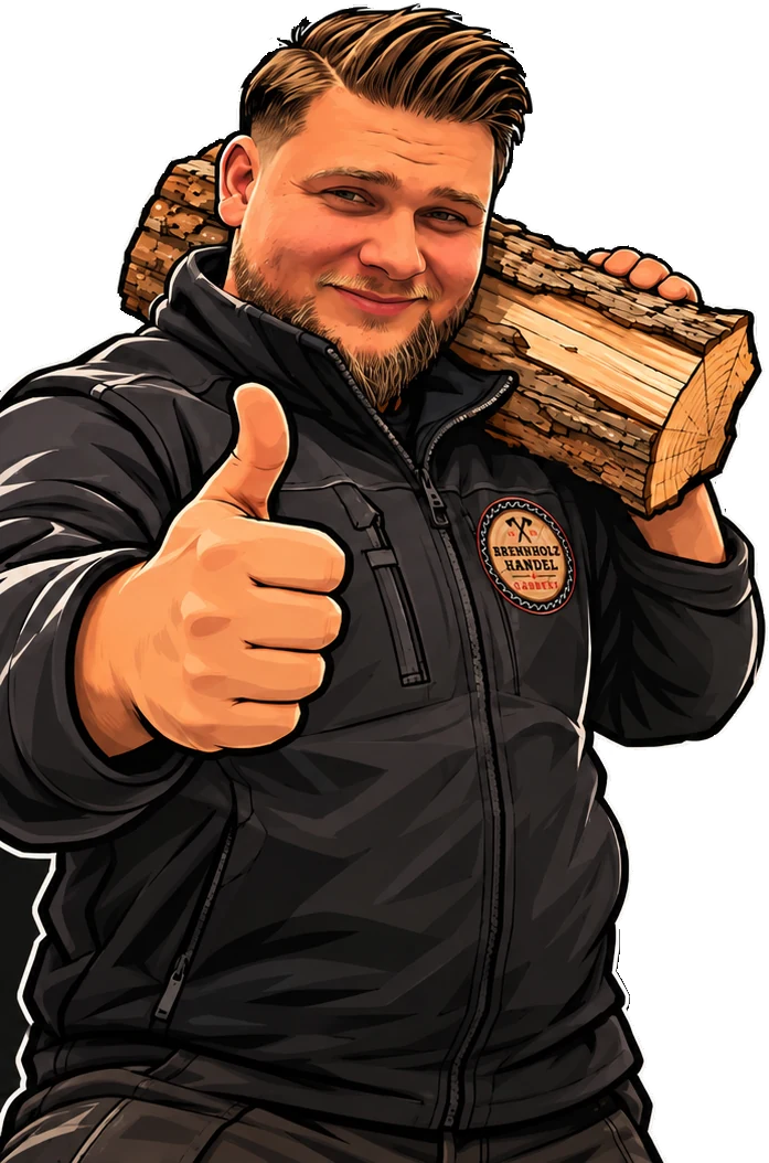 Der Holzbuddy trägt einen Stamm auf der Schulter und zeigt den Daumen nach oben