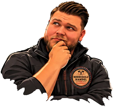 Der Holzbuddy überlegt, die Hand am Kinn