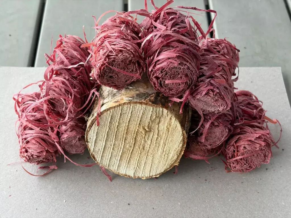 Rote Anzünder aus Holzwolle rund um eine Holzscheibe