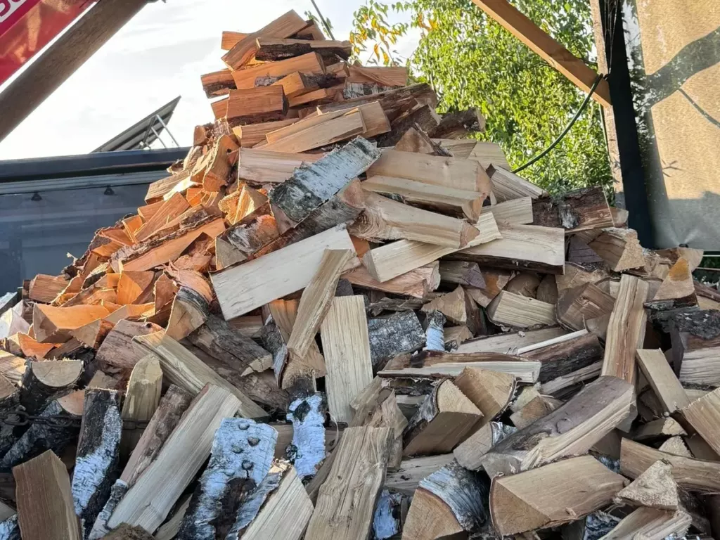 Haufen aus gespaltener Birke und Erle unter dem Förderband